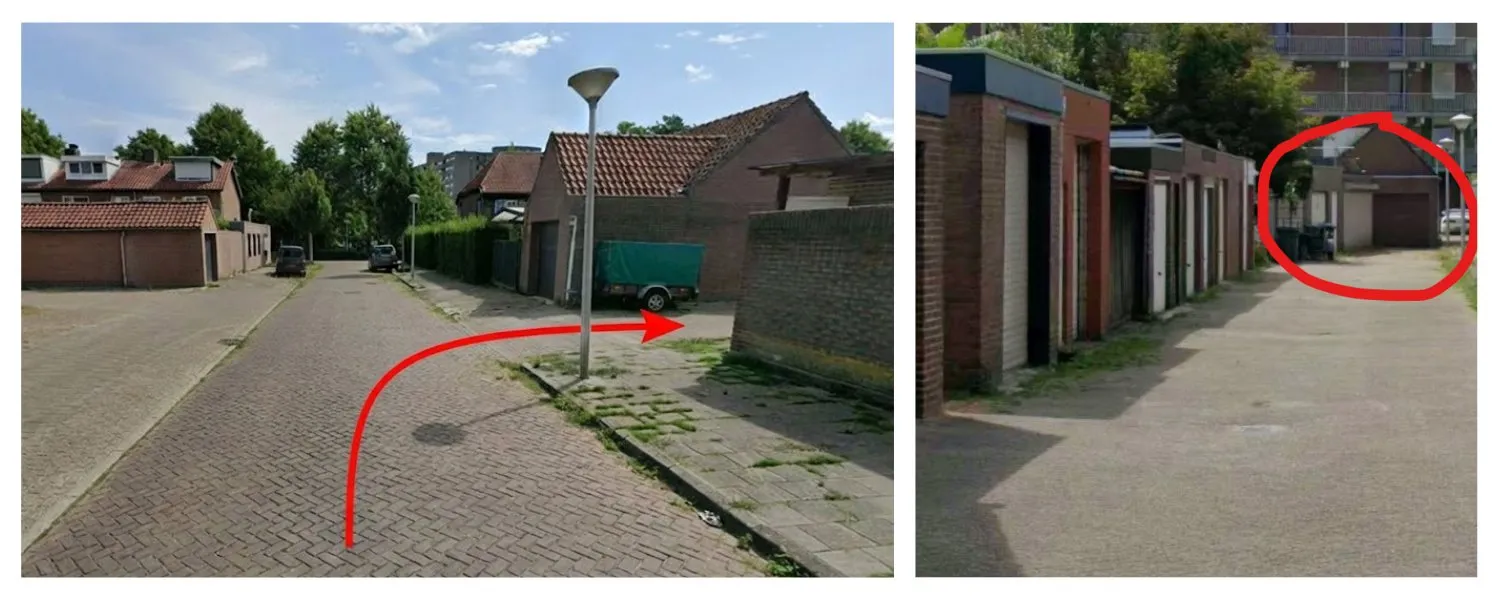 Route naar de werkplaats: vanaf de Sterkerstraat rechtsaf de steeg in